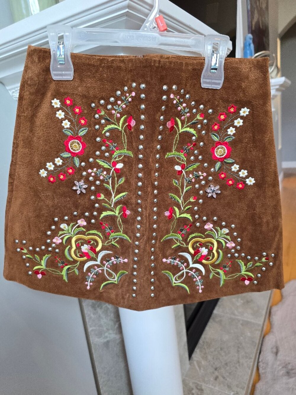 ZARA Embroidered suede mini skirt. XS